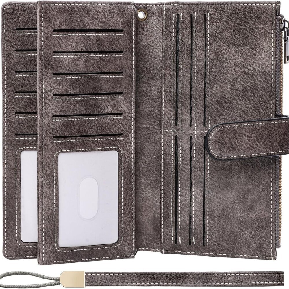 Women's Leather RFID Wallet Large Capacity Credit Card Holder with Wristlet